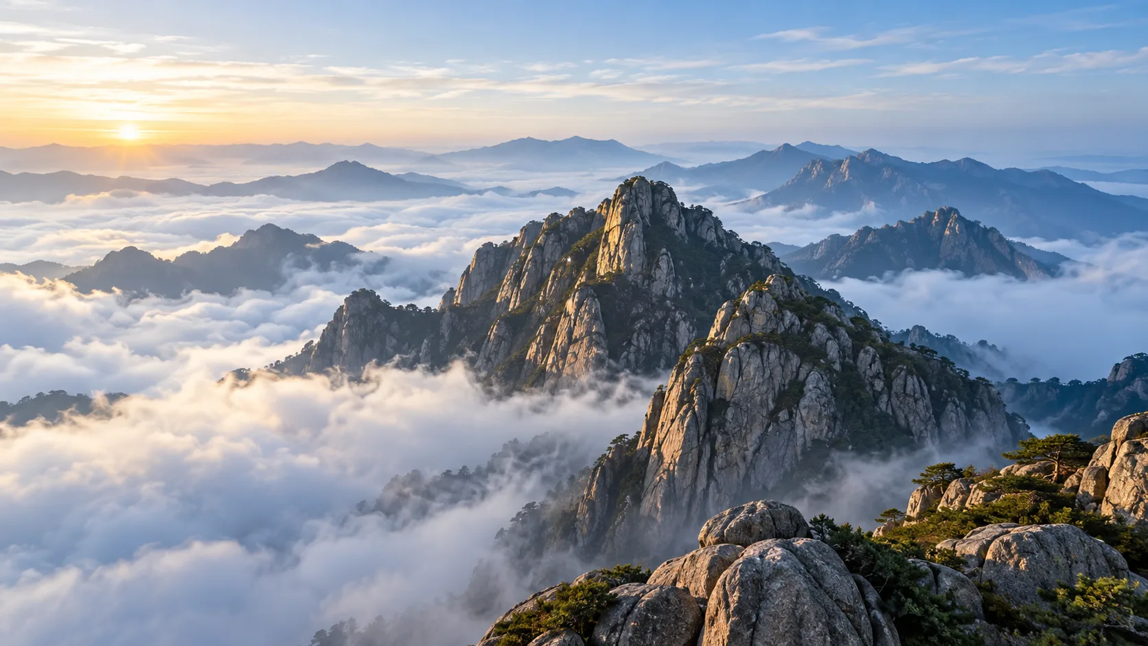 晨光中的山峦与云海，品牌意象图